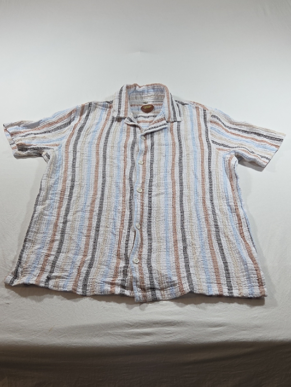 Common People Short Sleeve Striped Button-Down Shirt Blue Brown & White Cotton